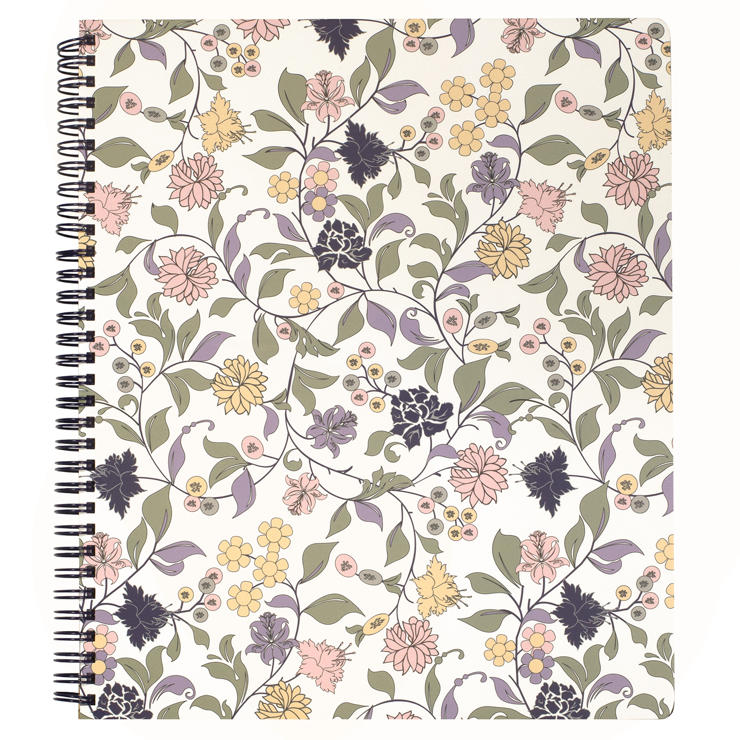 large spiral notebook with purple vine floral hardcover, metal spiral and 160 lined pages for school or office supplies