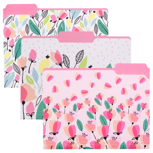 pink floral file folder set of 9 with 3 left tabs, 3 middle tabs, 3 right tabs