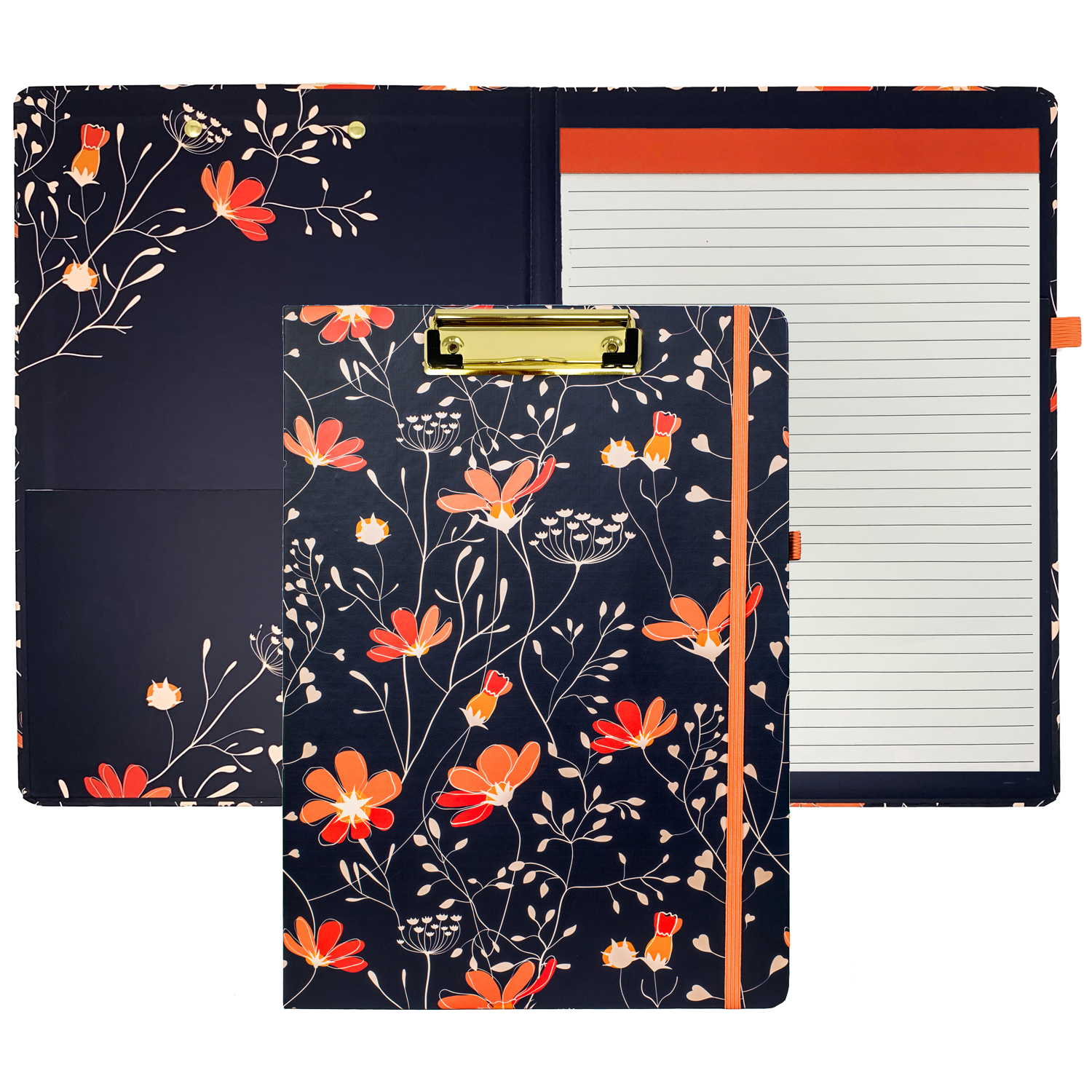 cute clipboard folio with navy hardcover with coral flowers and lined notepad for professional use 