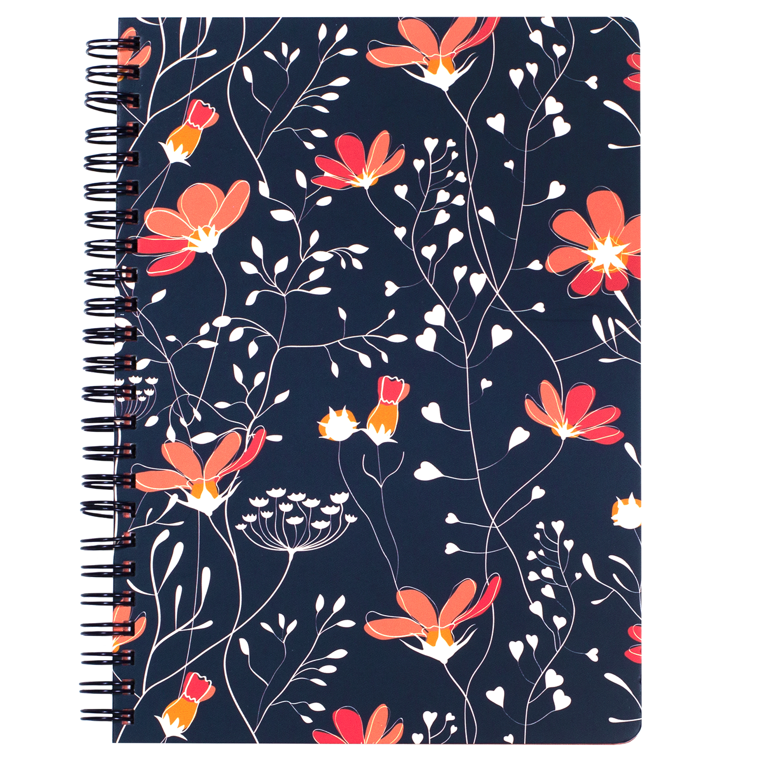 navy blue mini spiral notebook with coral floral hardcover, metal spiral and 160 lined pages for school or office supplies