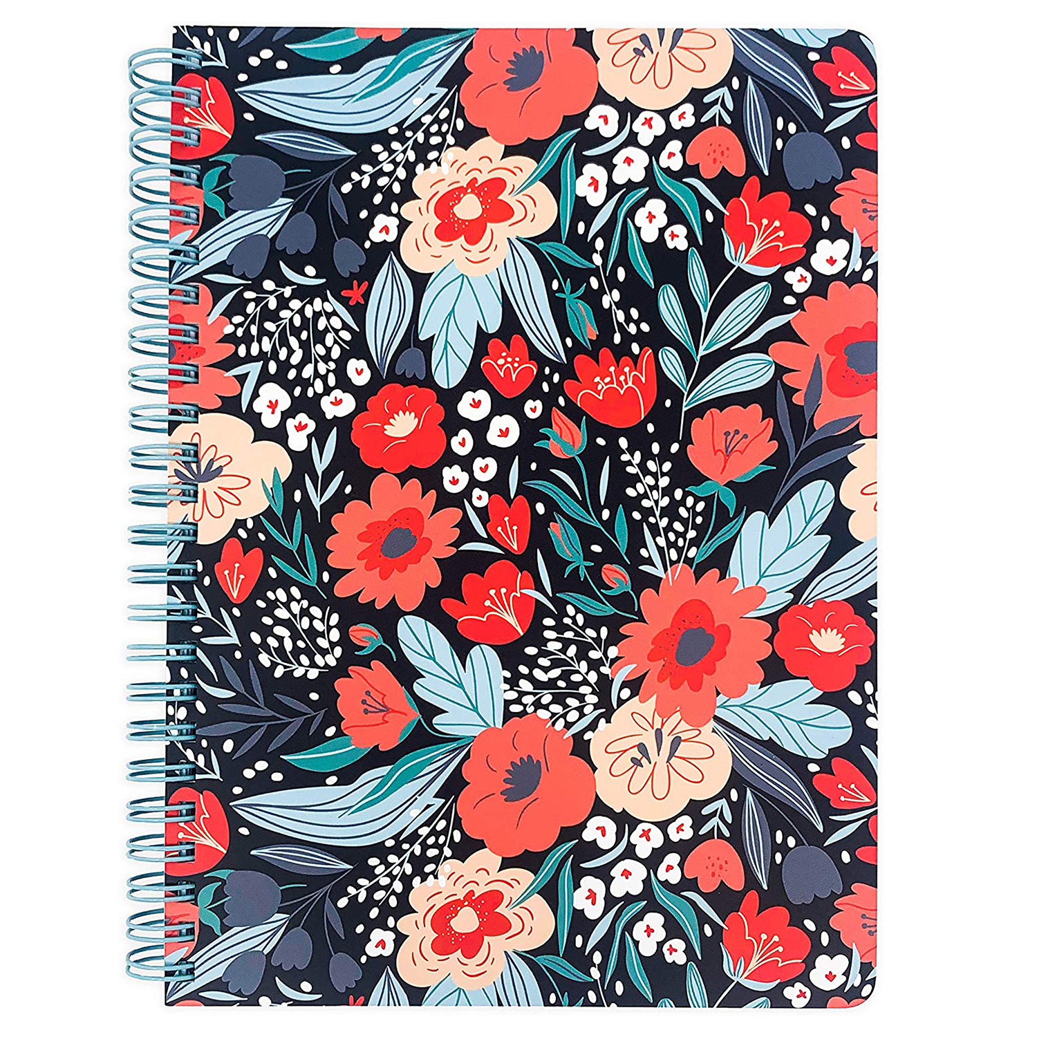 black mini spiral notebook with red/blue floral hardcover, metal spiral and 160 lined pages for school or office supplies