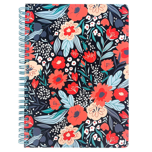black mini spiral notebook with red/blue floral hardcover, metal spiral and 160 lined pages for school or office supplies