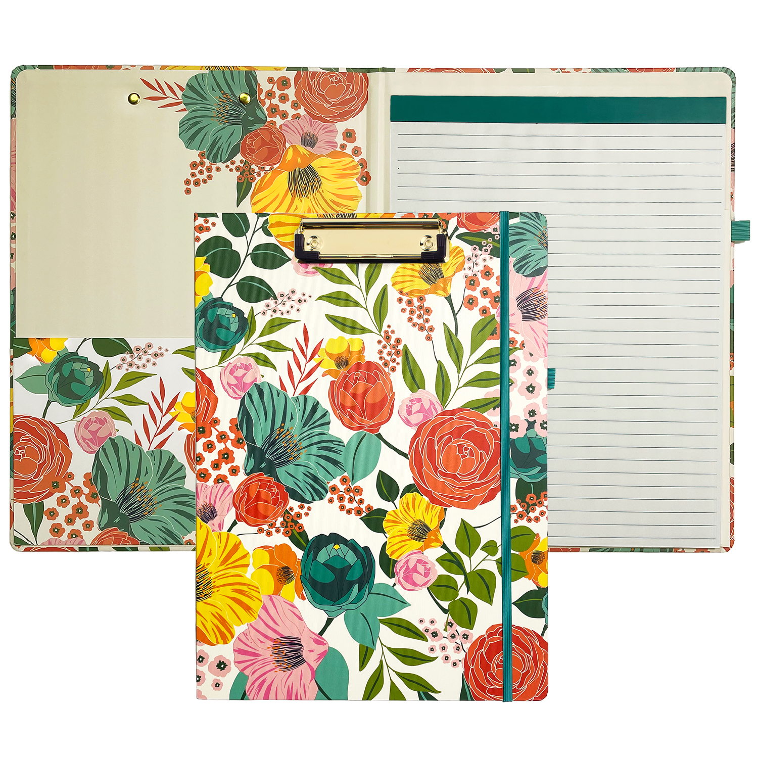 cute clipboard folio with cream hardcover with colorful flowers and lined notepad for professional use 