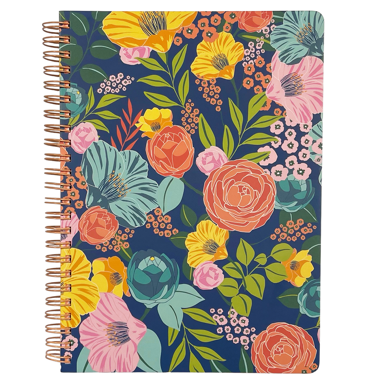 navy mini spiral notebook with colorful floral hardcover, metal spiral and 160 lined pages for school or office supplies