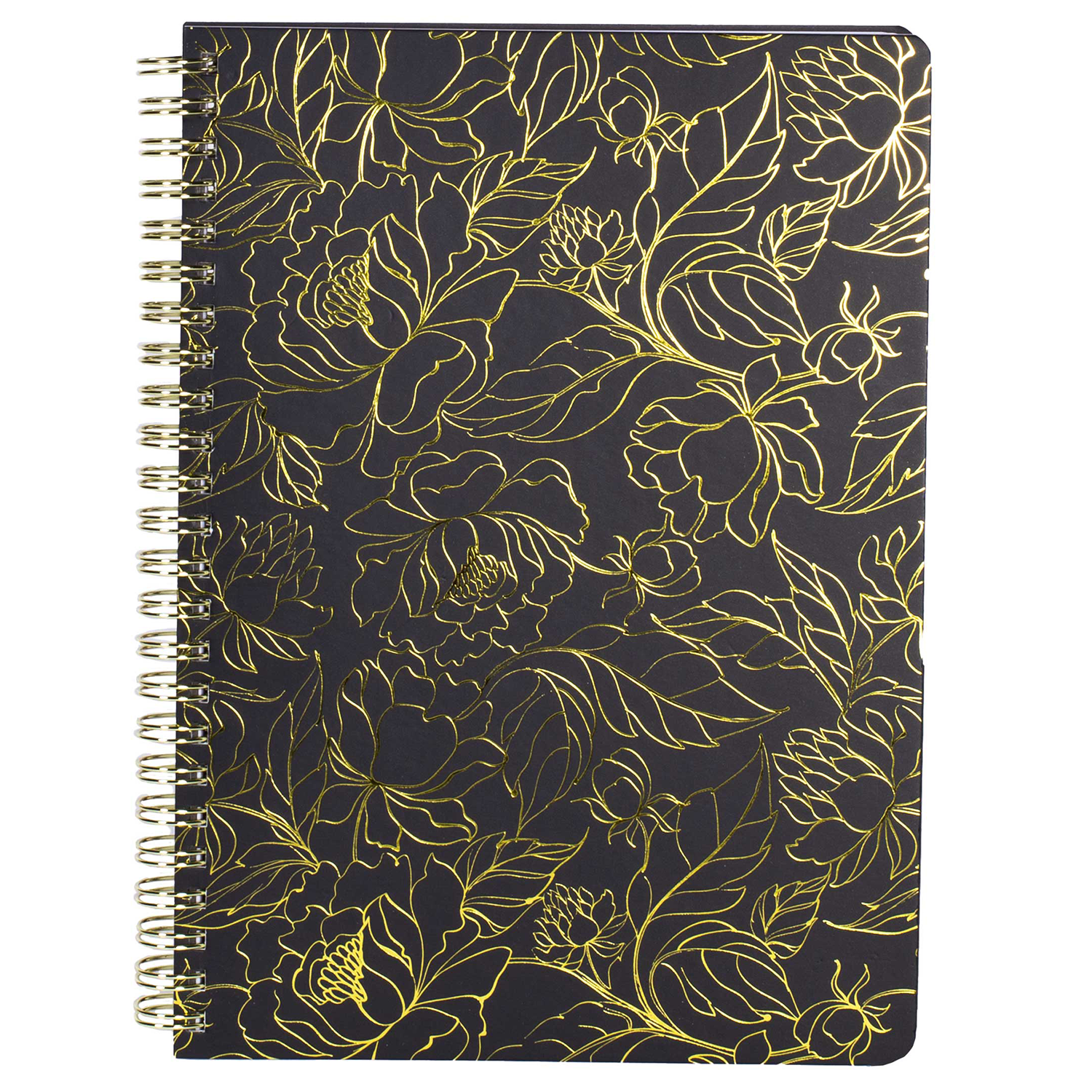 black mini spiral notebook with gold floral hardcover, metal spiral and 160 lined pages for school or office supplies