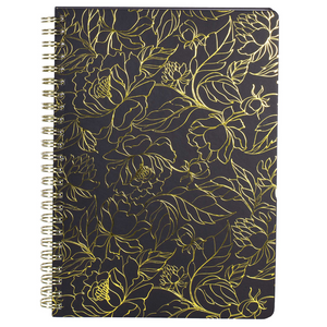 black mini spiral notebook with gold floral hardcover, metal spiral and 160 lined pages for school or office supplies