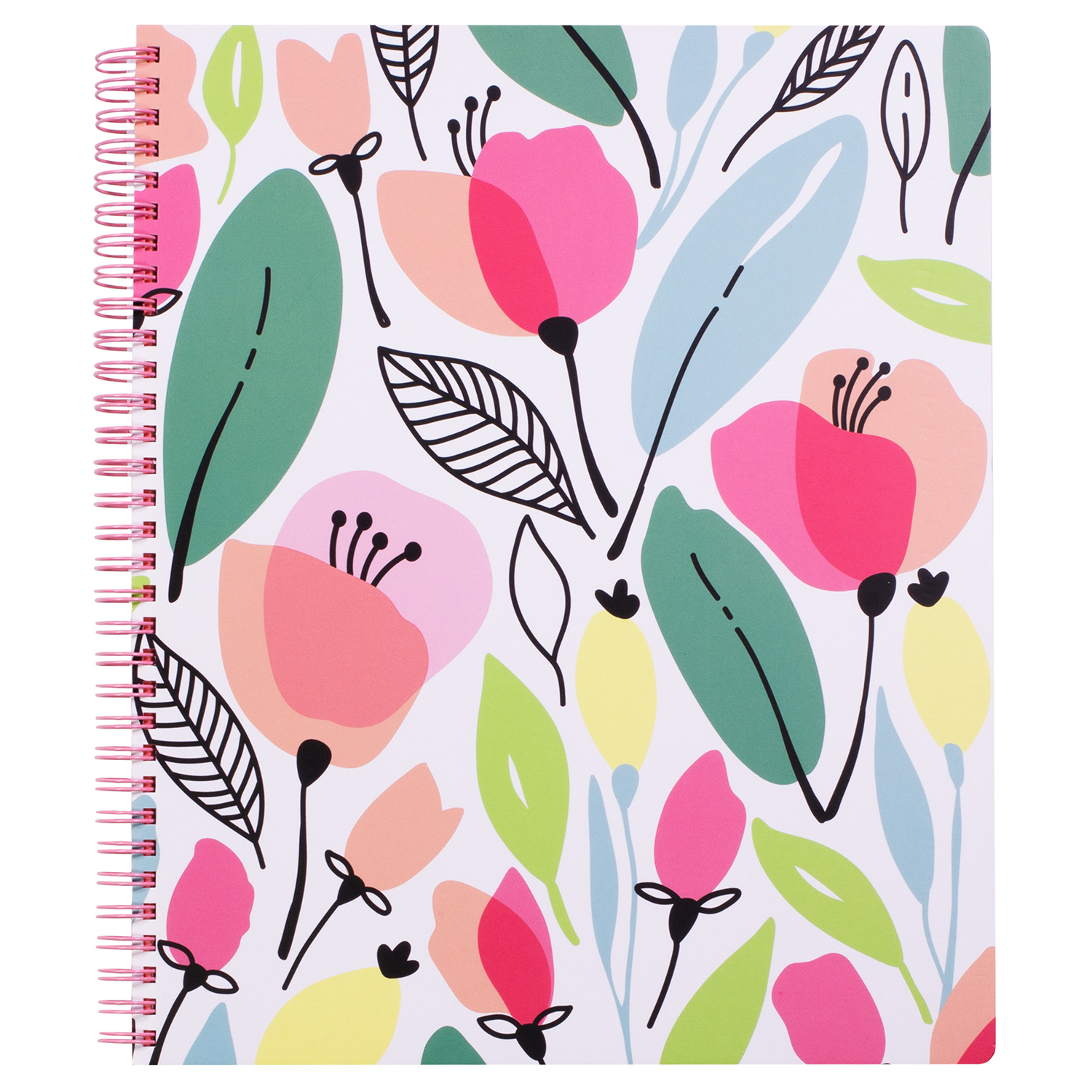 large spiral notebook with colorful spring floral hardcover, metal spiral and 160 lined pages for school or office supplies