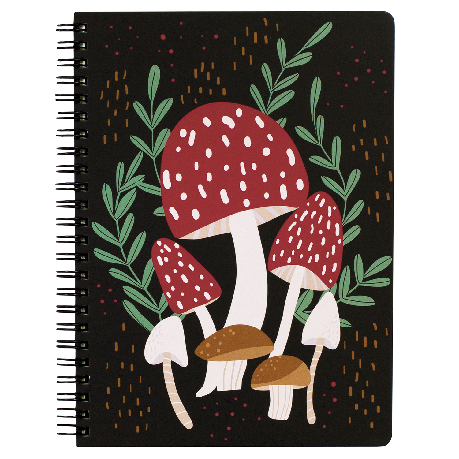 black mini spiral notebook with mushrooms on hardcover, metal spiral and 160 lined pages for school or office supplies