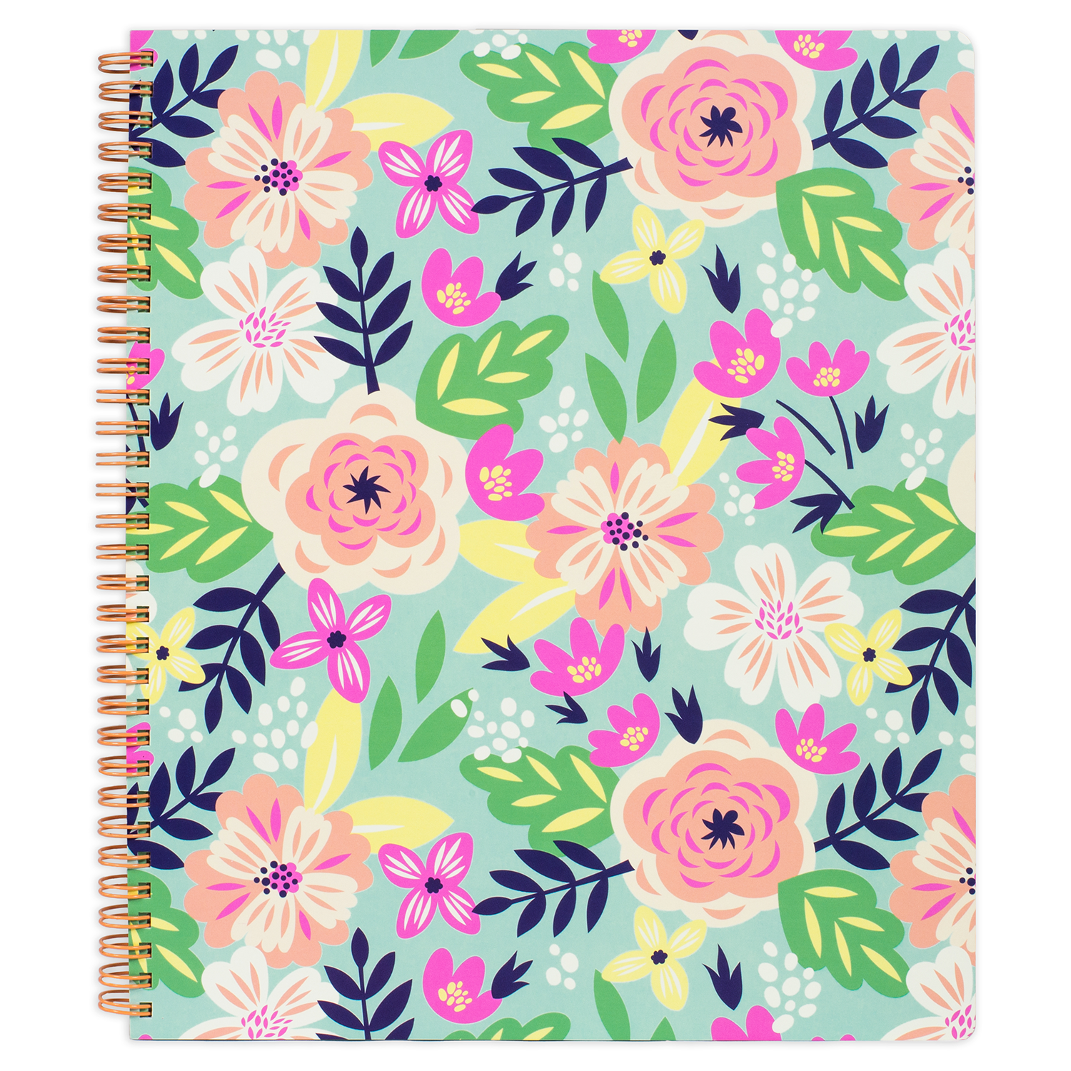 large spiral notebook with mint green floral hardcover, metal spiral and 160 lined pages for school or office supplies