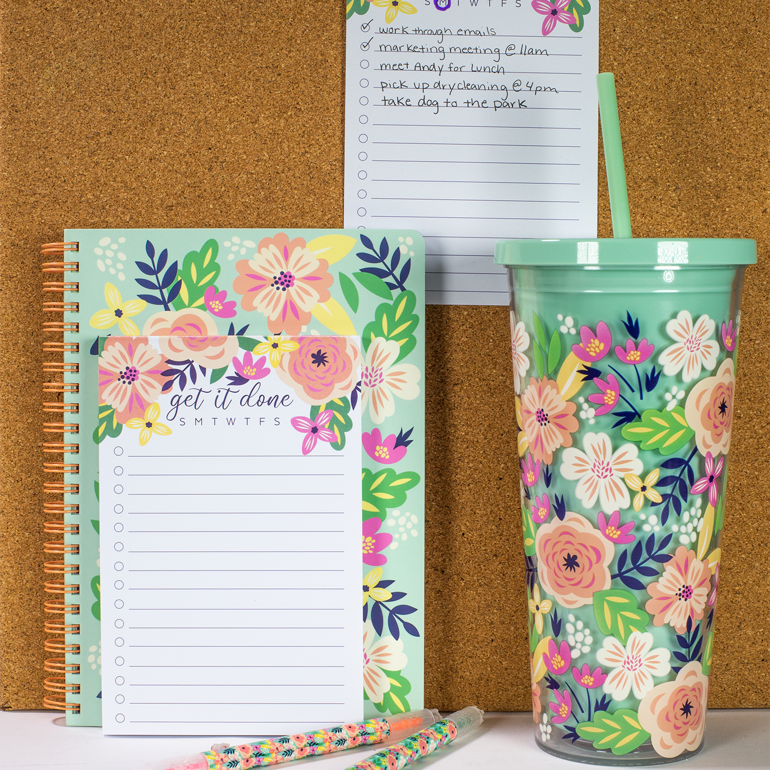 Tumbler with Straw, Mint Floral