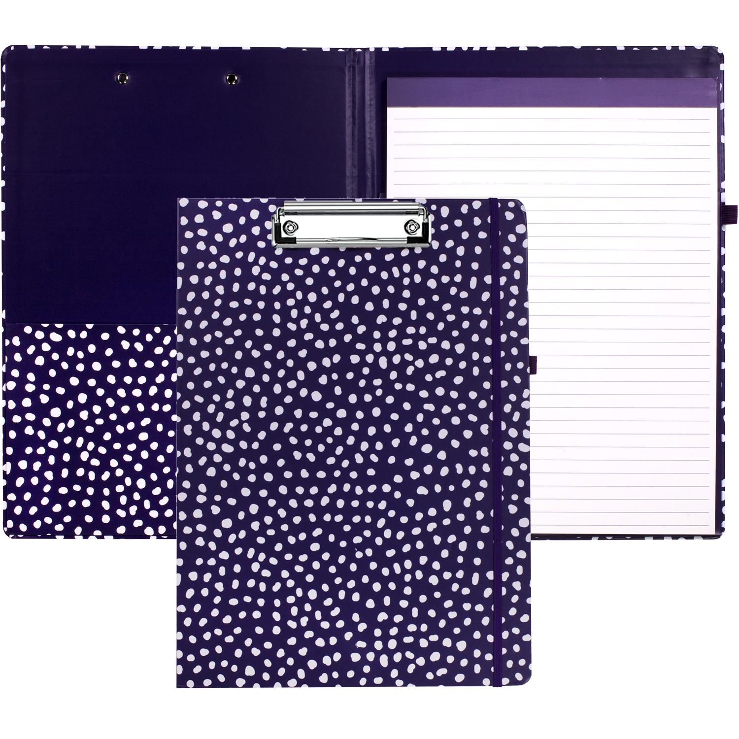 cute clipboard folio with navy blue hardcover with white polka dots and lined notepad for professional use 