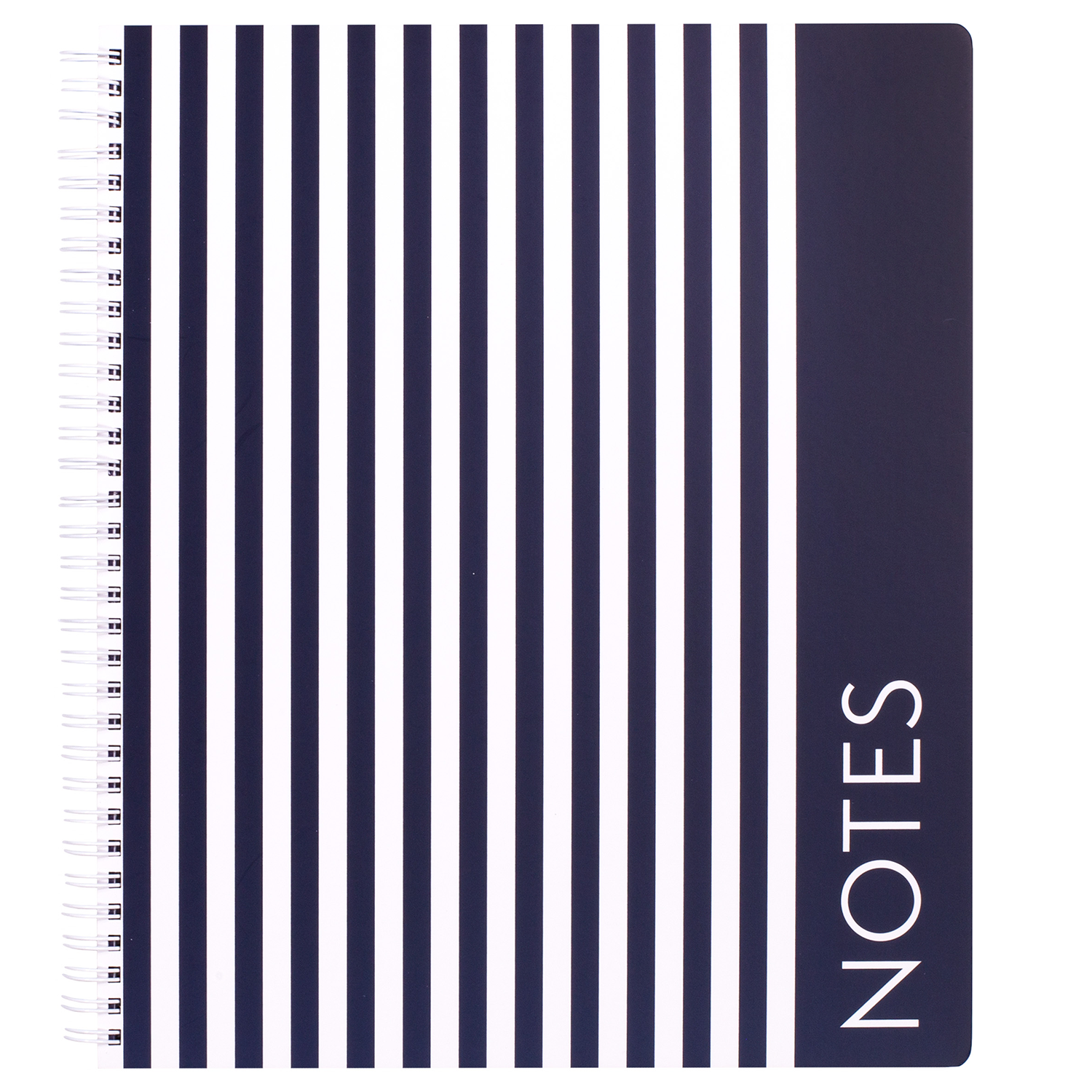 large spiral notebook with navy striped hardcover, metal spiral and 160 lined pages for school or office supplies