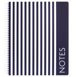 large spiral notebook with navy striped hardcover, metal spiral and 160 lined pages for school or office supplies
