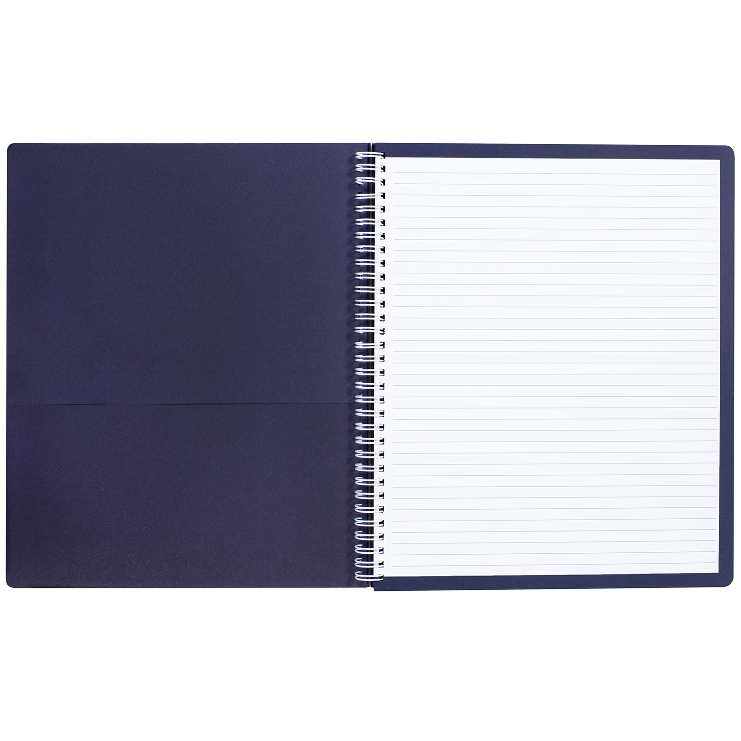 large spiral notebook with navy striped hardcover, metal spiral and 160 lined pages for school or office supplies