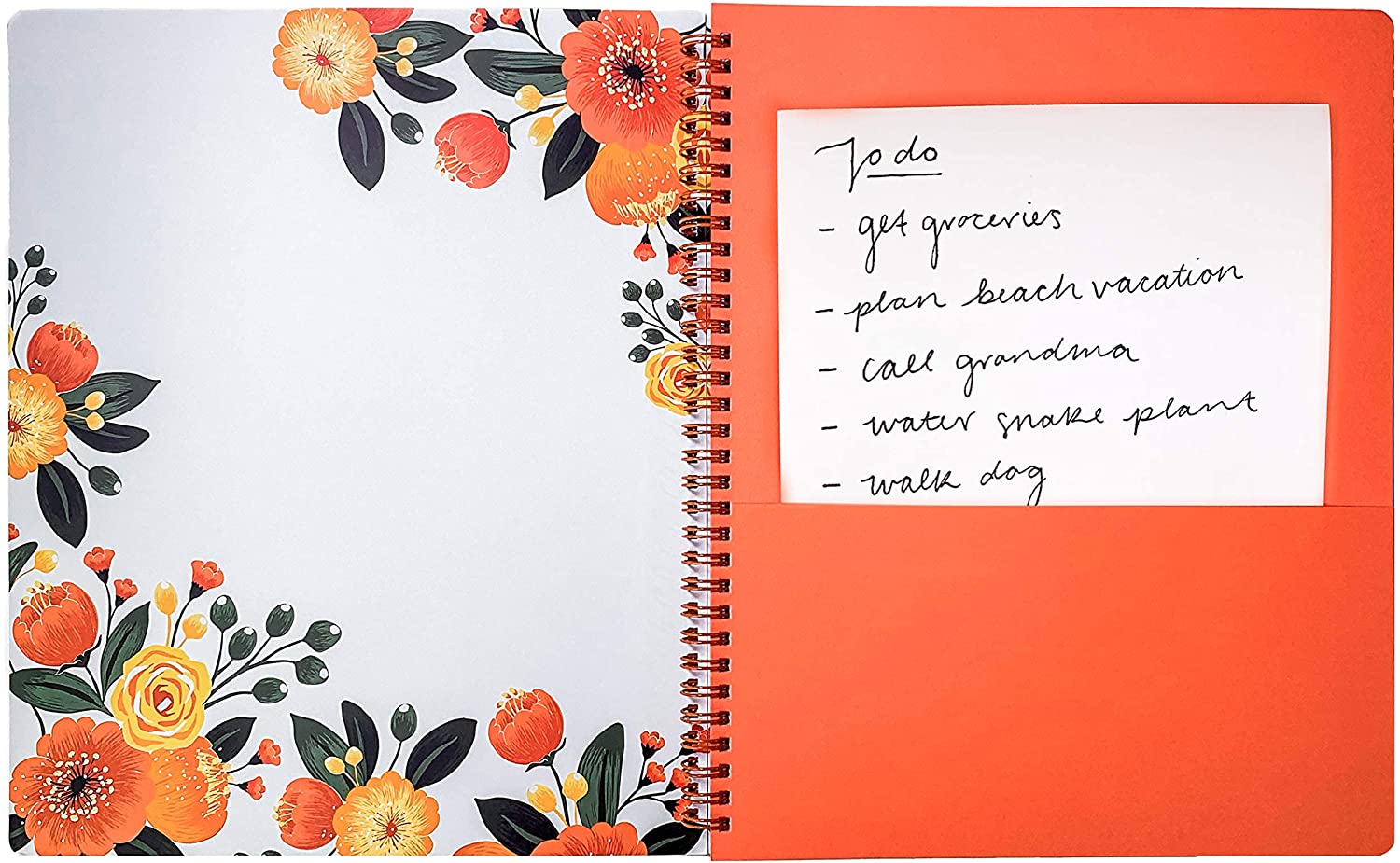 large spiral notebook with orange floral hardcover, metal spiral and 160 lined pages for school or office supplies