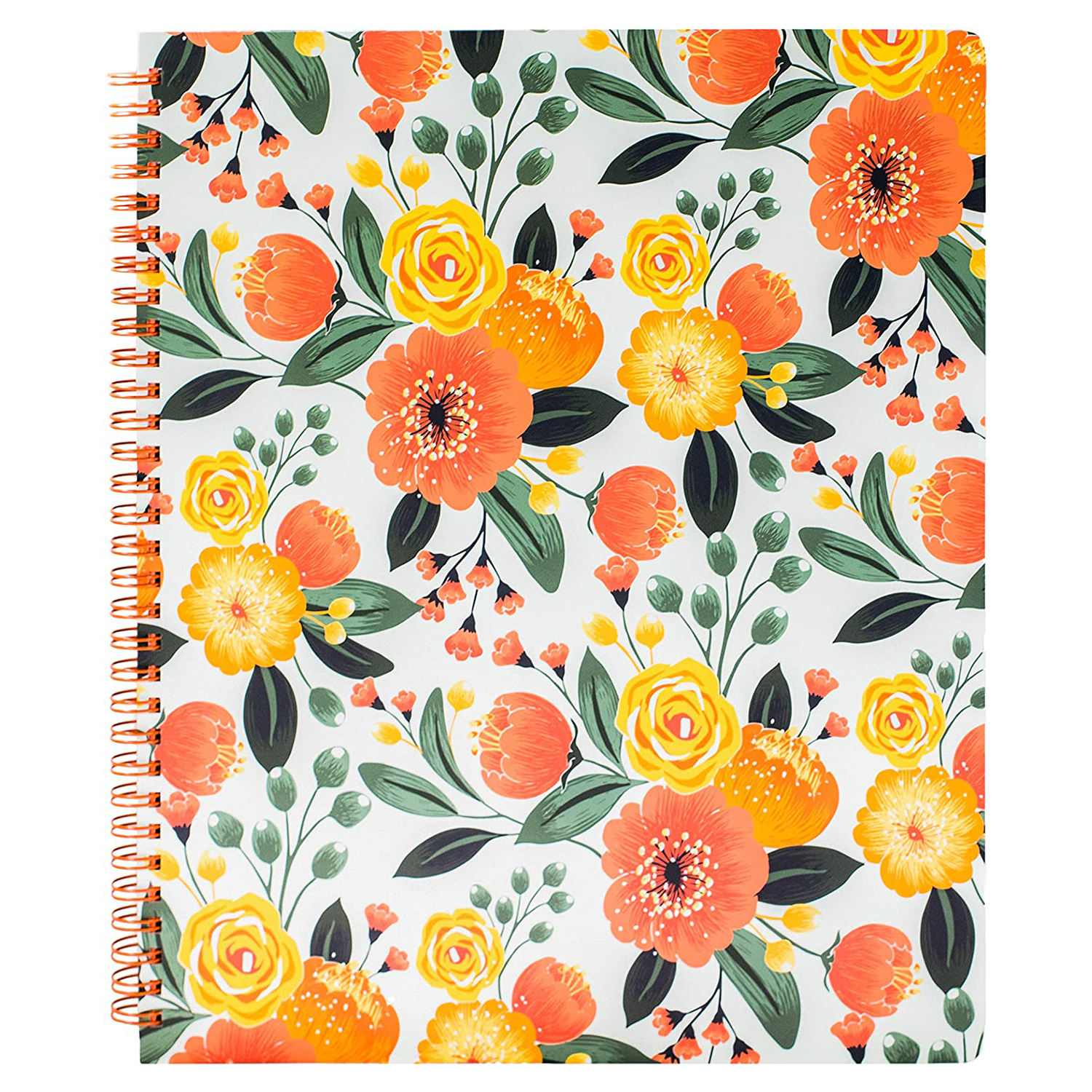 large spiral notebook with orange floral hardcover, metal spiral and 160 lined pages for school or office supplies