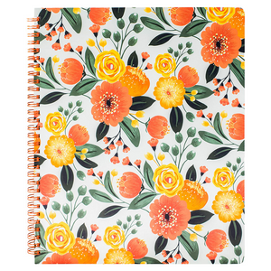 large spiral notebook with orange floral hardcover, metal spiral and 160 lined pages for school or office supplies