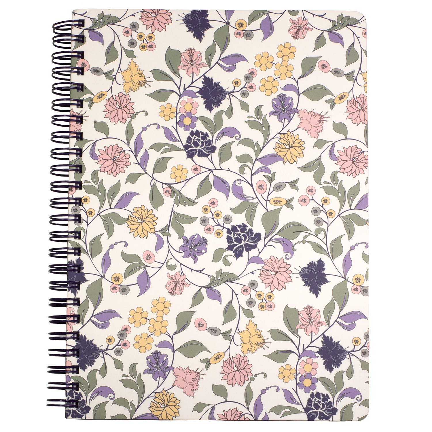 mini spiral notebook with purple vine floral hardcover, metal spiral and 160 lined pages for school or office supplies