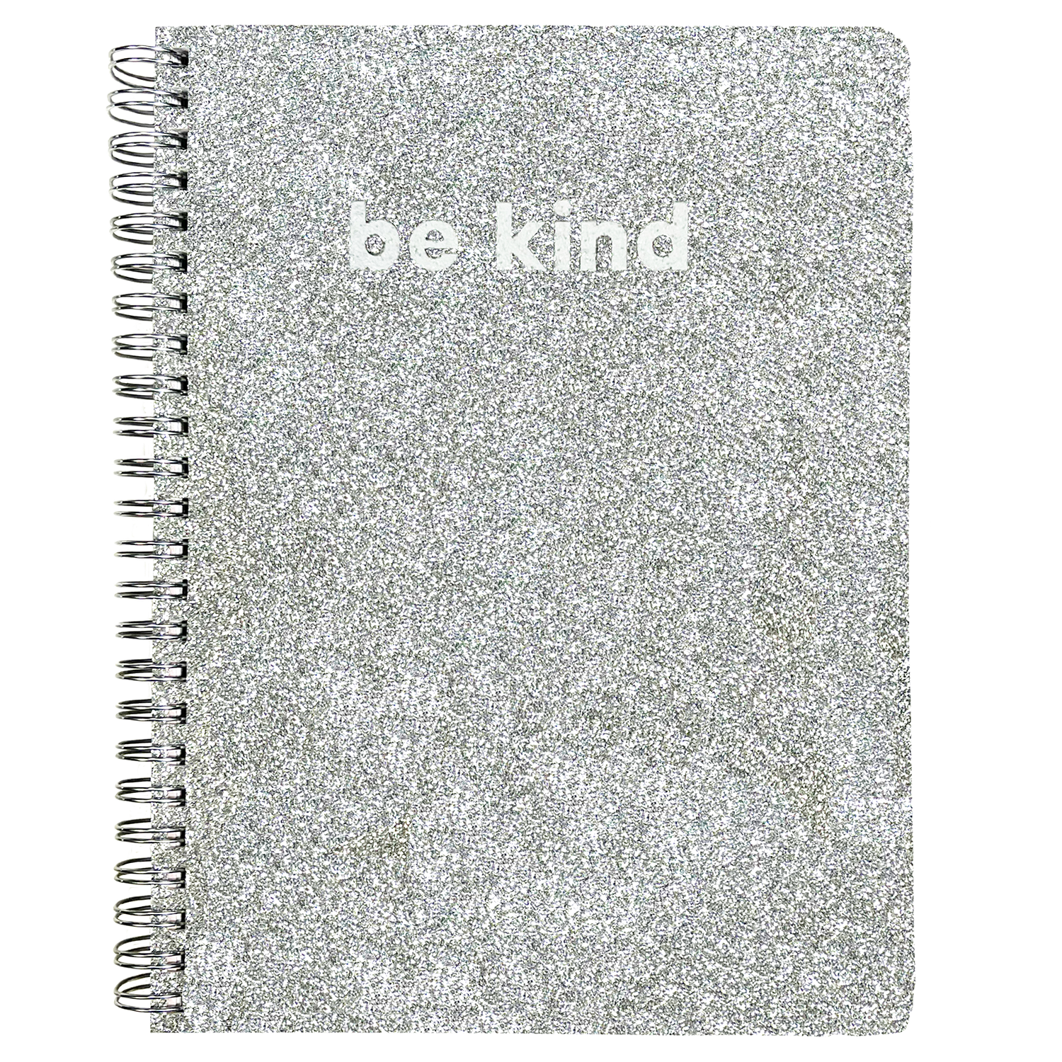 mini spiral notebook with silver glitter Be Kind hardcover, metal spiral, 160 lined pages for school or office supplies