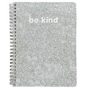 mini spiral notebook with silver glitter Be Kind hardcover, metal spiral, 160 lined pages for school or office supplies
