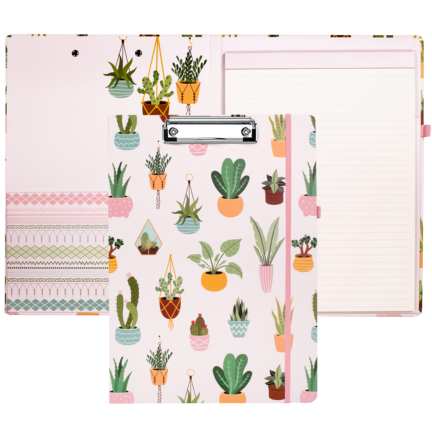 cute clipboard folio with pink hardcover with potted plants and lined notepad for professional use 