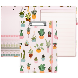 cute clipboard folio with pink hardcover with potted plants and lined notepad for professional use 