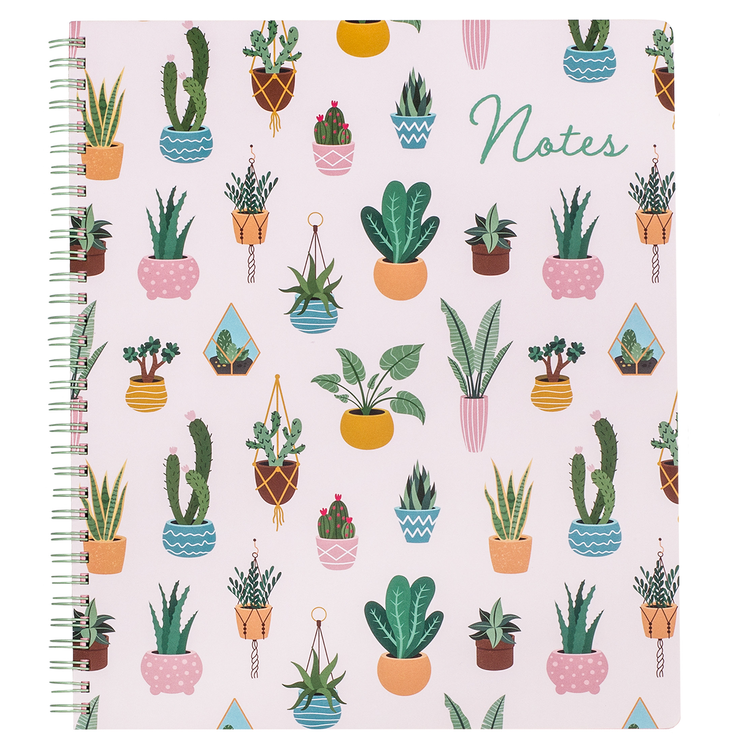 pink large spiral notebook with potted plants hardcover, metal spiral and 160 lined pages for school or office supplies