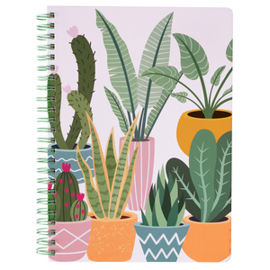pink mini spiral notebook with potted plants hardcover, metal spiral, 160 lined pages for school or office supplies