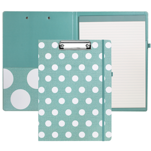 cute clipboard folio with teal hardcover with large white polka dots and lined notepad for professional use 