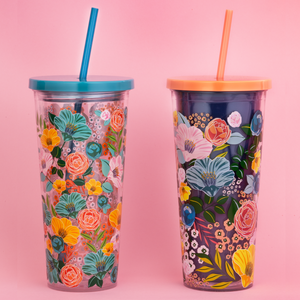 Tumbler with Straw, Garden Blooms Clear