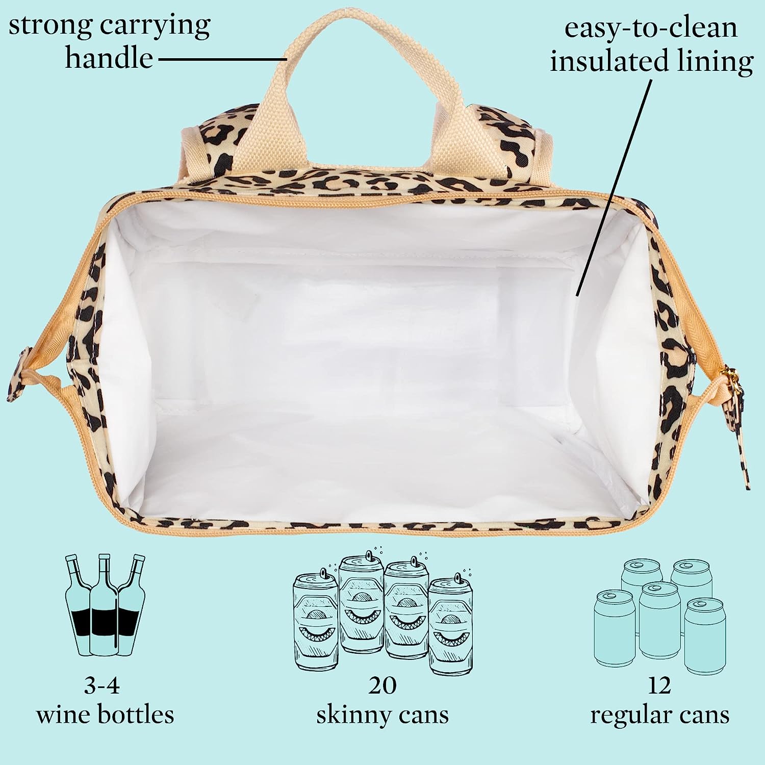 leopard print backpack cooler with insulated interior lining for picnics, hiking, and beach days